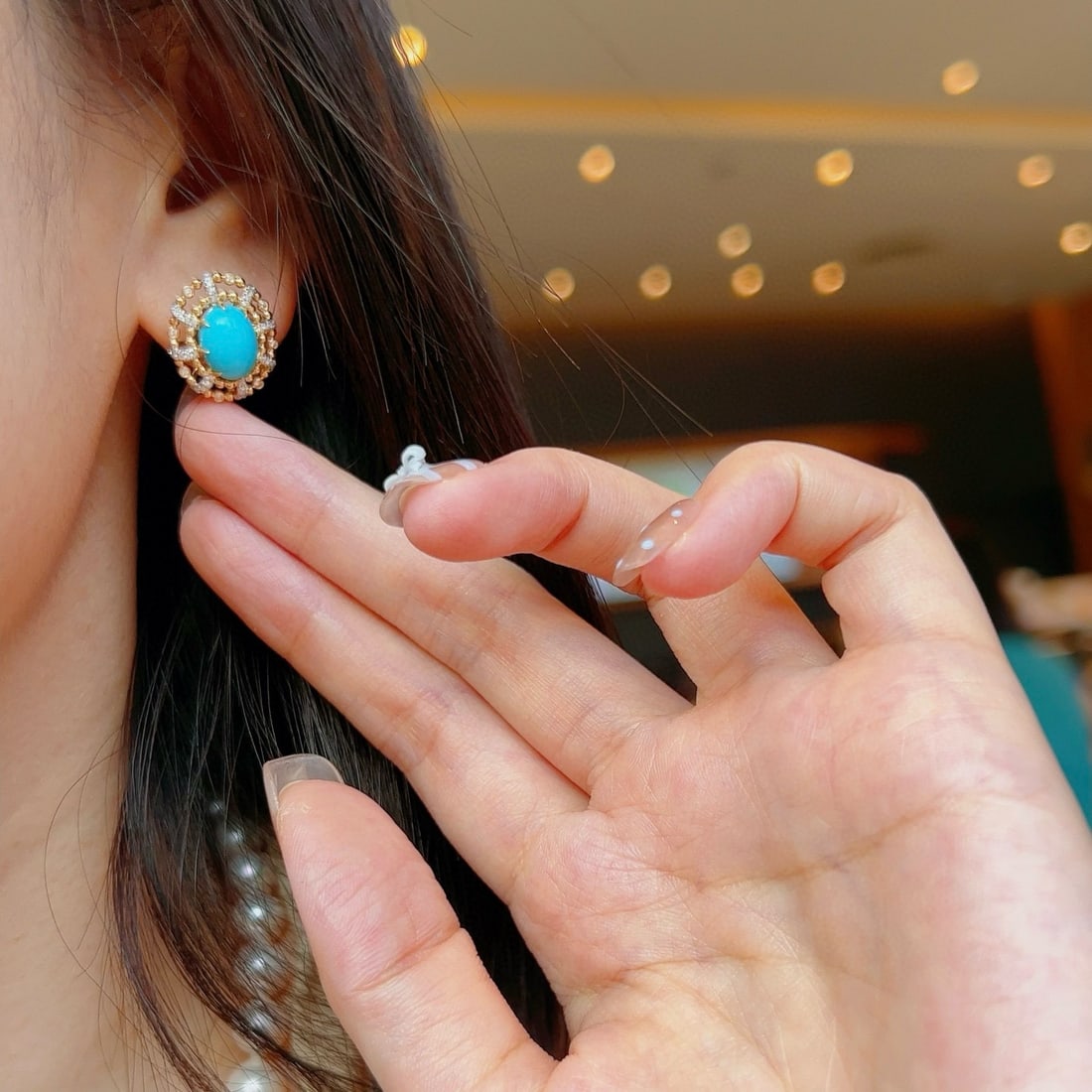 14k Gold 4.07 Ctw Natural Turquoise & Diamond Earrings - 4