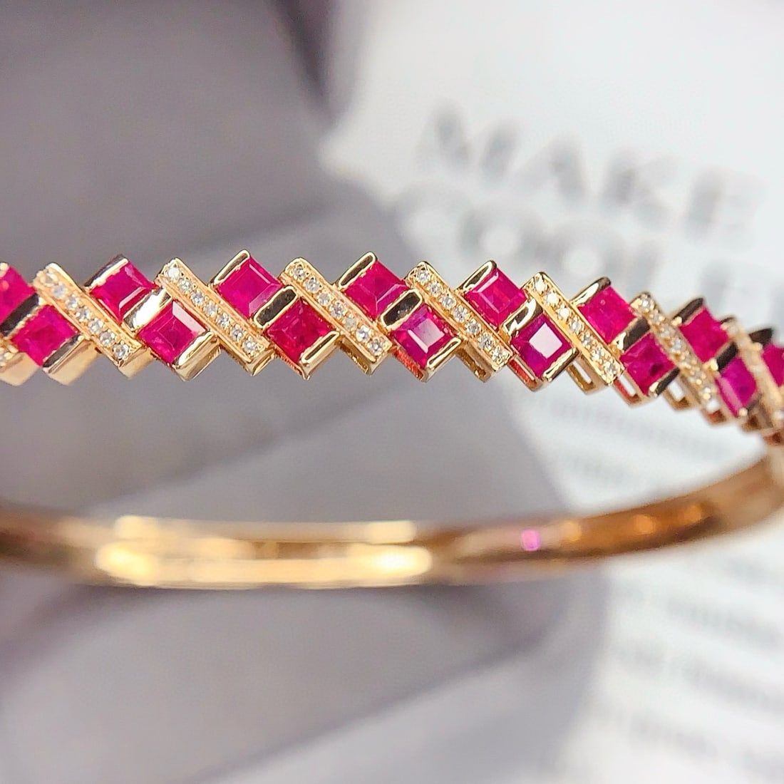 14k Gold 3.82 Ct Natural Ruby & Diamond Bangle - 3