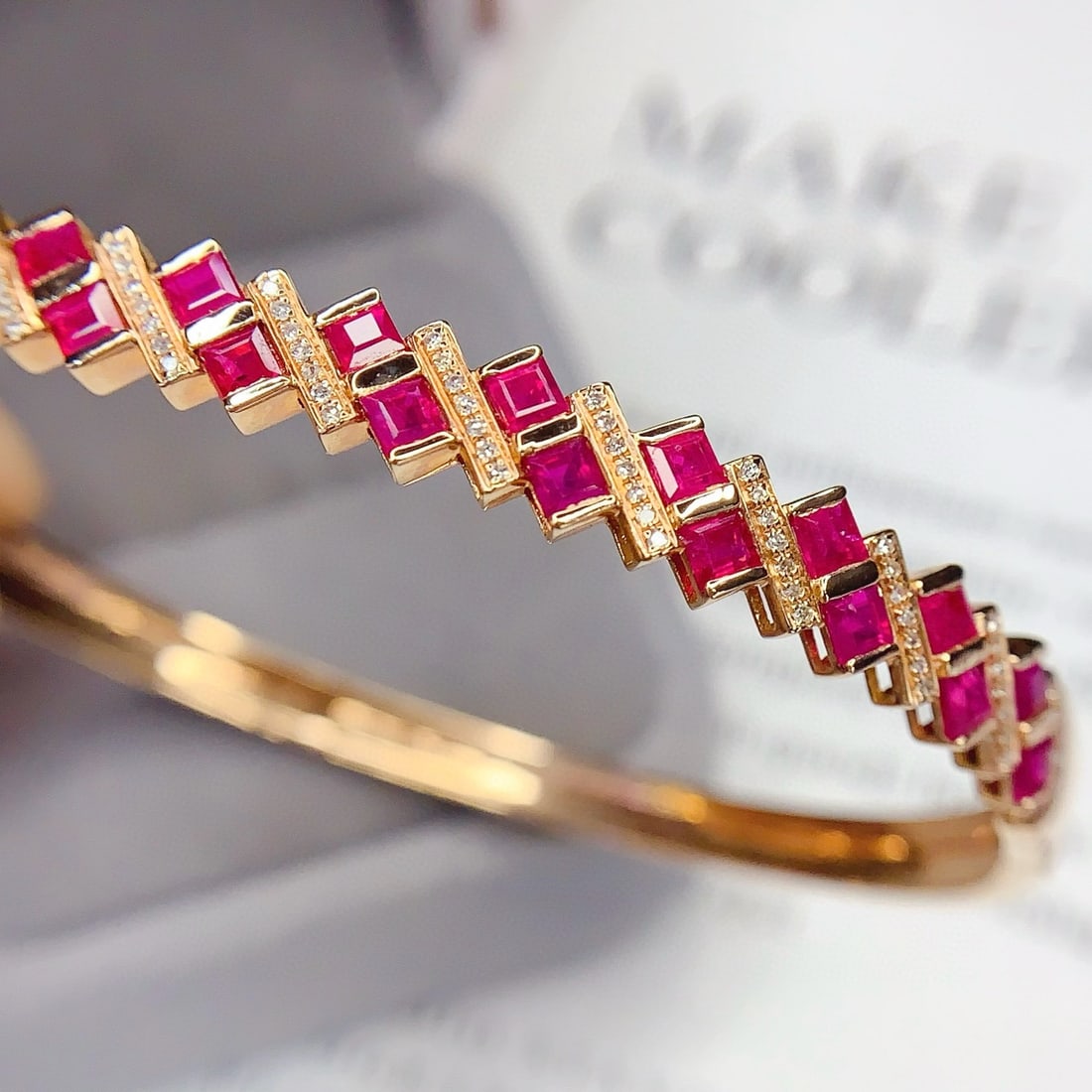 14k Gold 3.82 Ct Natural Ruby & Diamond Bangle - 4