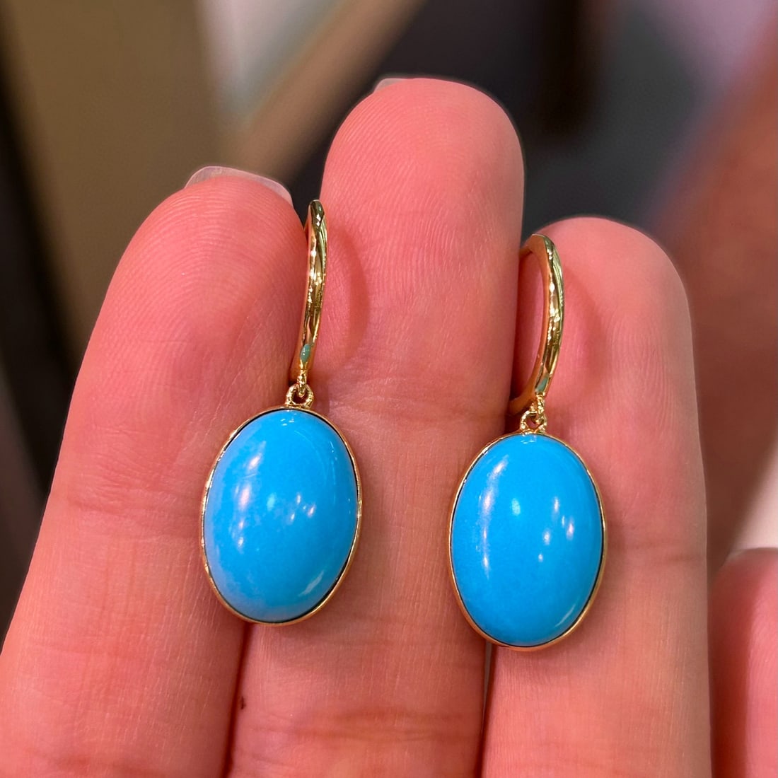 14k Gold 8.7 Ct Natural Turquoise Earrings - 2