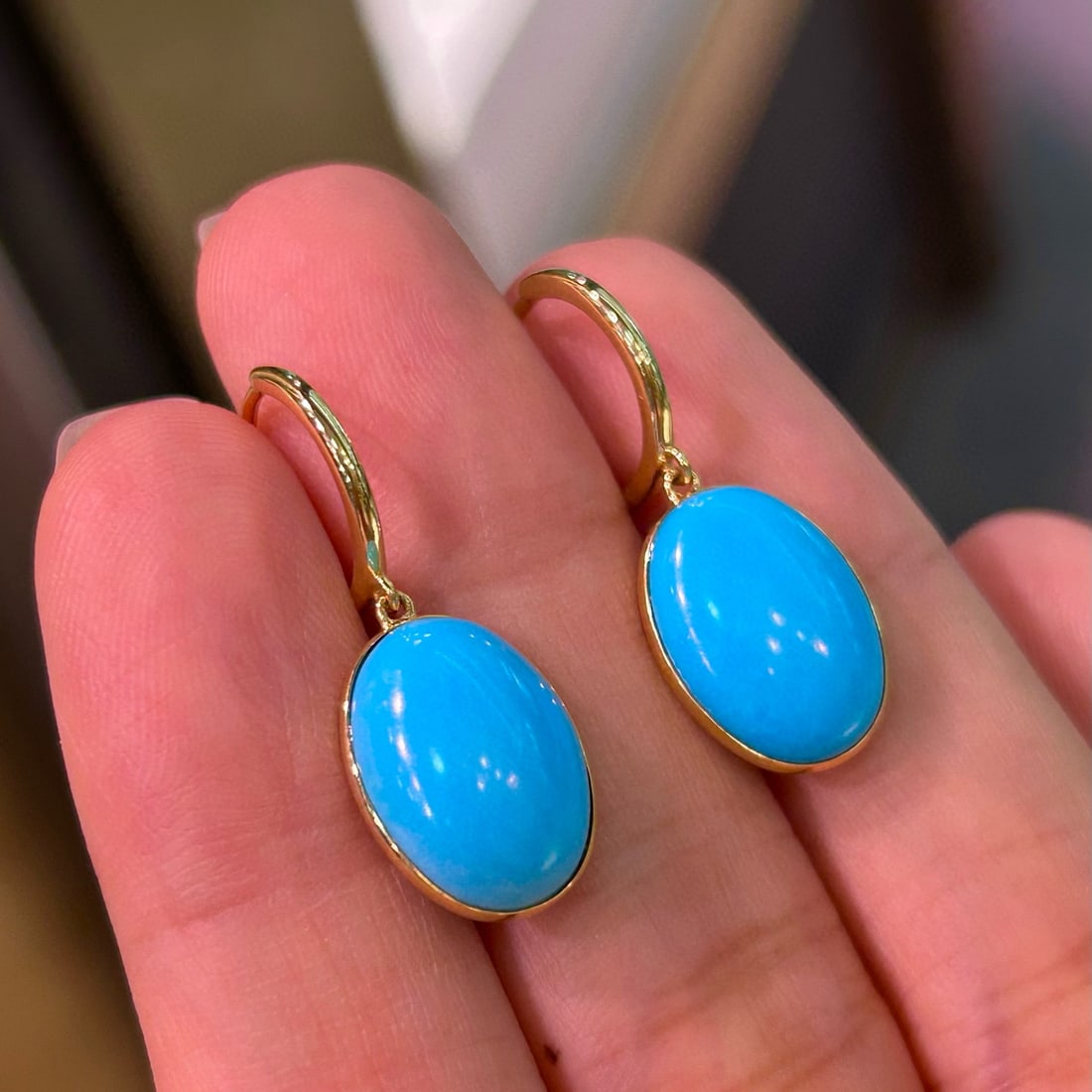 14k Gold 8.7 Ct Natural Turquoise Earrings - 3
