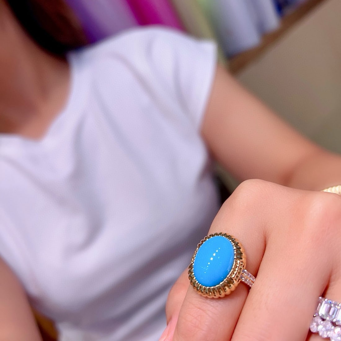 14k Gold 5.95 Ctw Natural Turquoise & Diamond Ring - 5