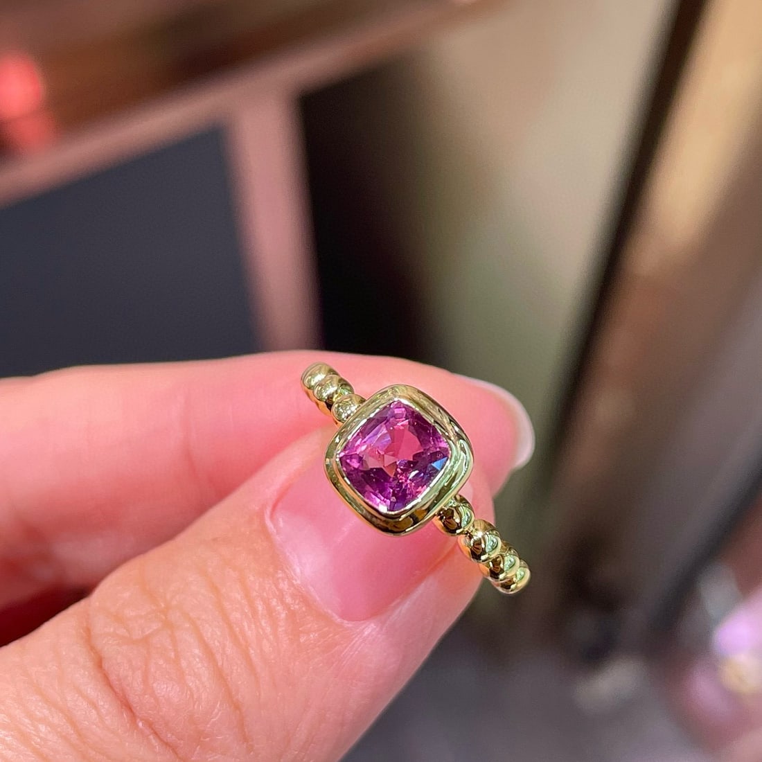 14k Gold 1.14 Ct Natural Spinel Ring: Ref:231078196 // gold content:14k gold // ring size:7. 25us // // main gemstone:spinel // shape:cushion // carat weight:1. 14ct // color:purple // treatment:natural // Condition: New Low Estimate:
