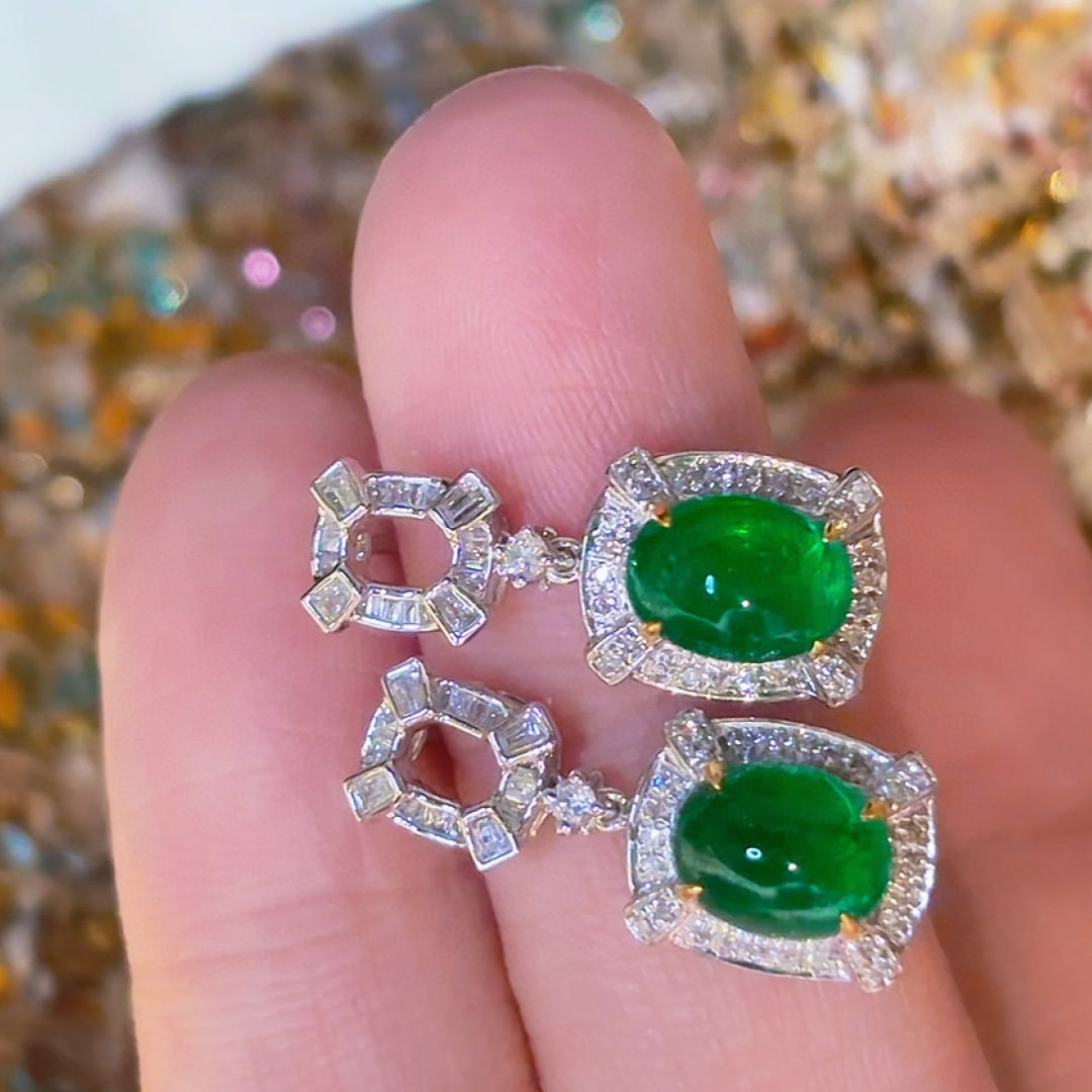 14k Gold 2.28 Ct Vivid Green Natural Emerald & Diamond Earrings - 3