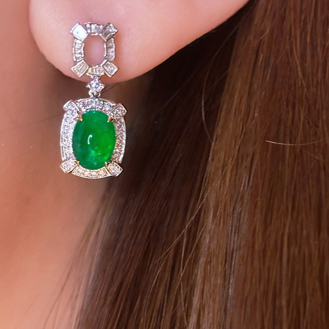 14k Gold 2.28 Ct Vivid Green Natural Emerald & Diamond Earrings - 4