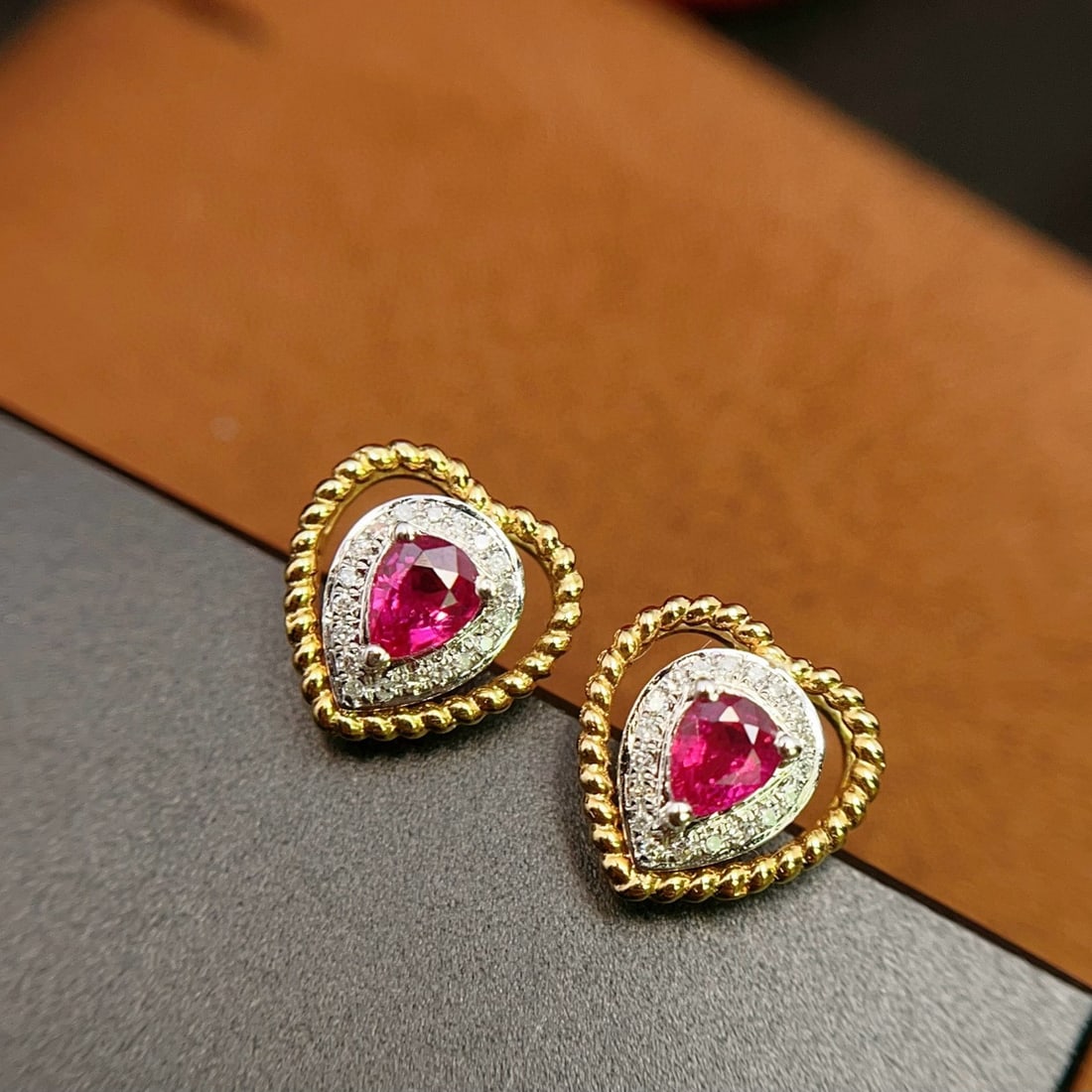 14k Gold 0.66 Ct Natural Ruby & Diamond Earrings - 2