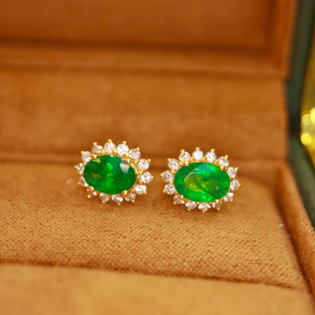 14k Gold 1.68 Ctw Vivid Green Natural Emerald & Diamond Earrings - 6