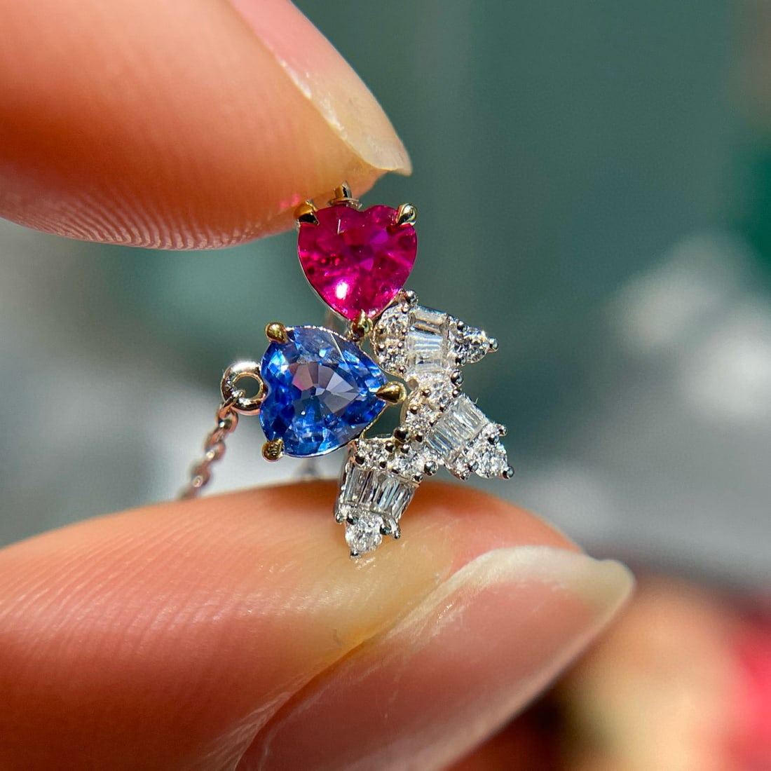 14k Gold 0.6 Ct Natural Sapphire & Ruby & Diamond & Toi Et Moi Necklace - 2