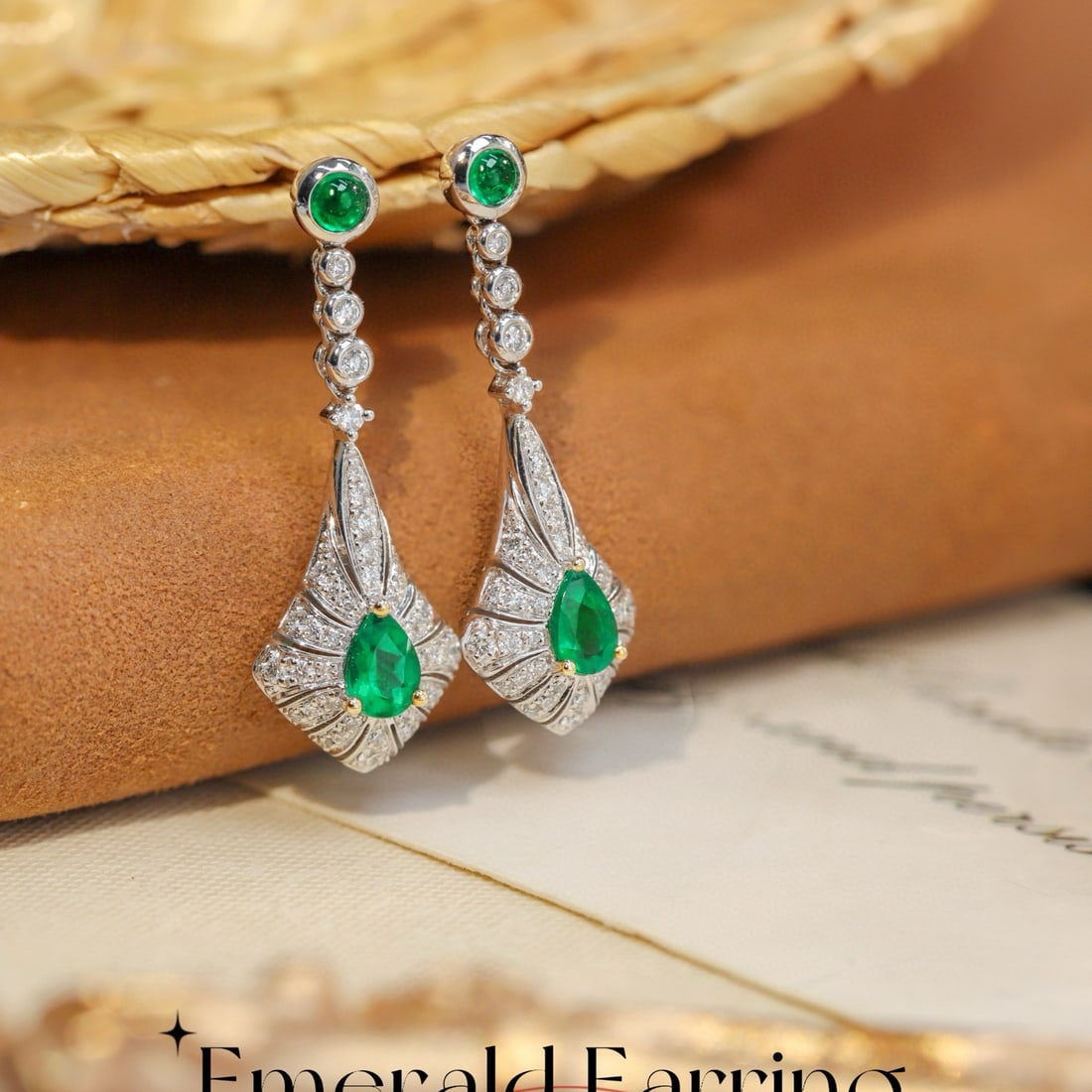 14k Gold 1.47 Ctw Vivid Green Natural Emerald & Diamond Earrings: Ref:231078231 // gold content:14k gold // main gemstone:emerald // shape:multiple // carat weight:1. 08ct // color:vivid green // treatment:natural // // adjacent gemstone 2 : diamond // shape:round