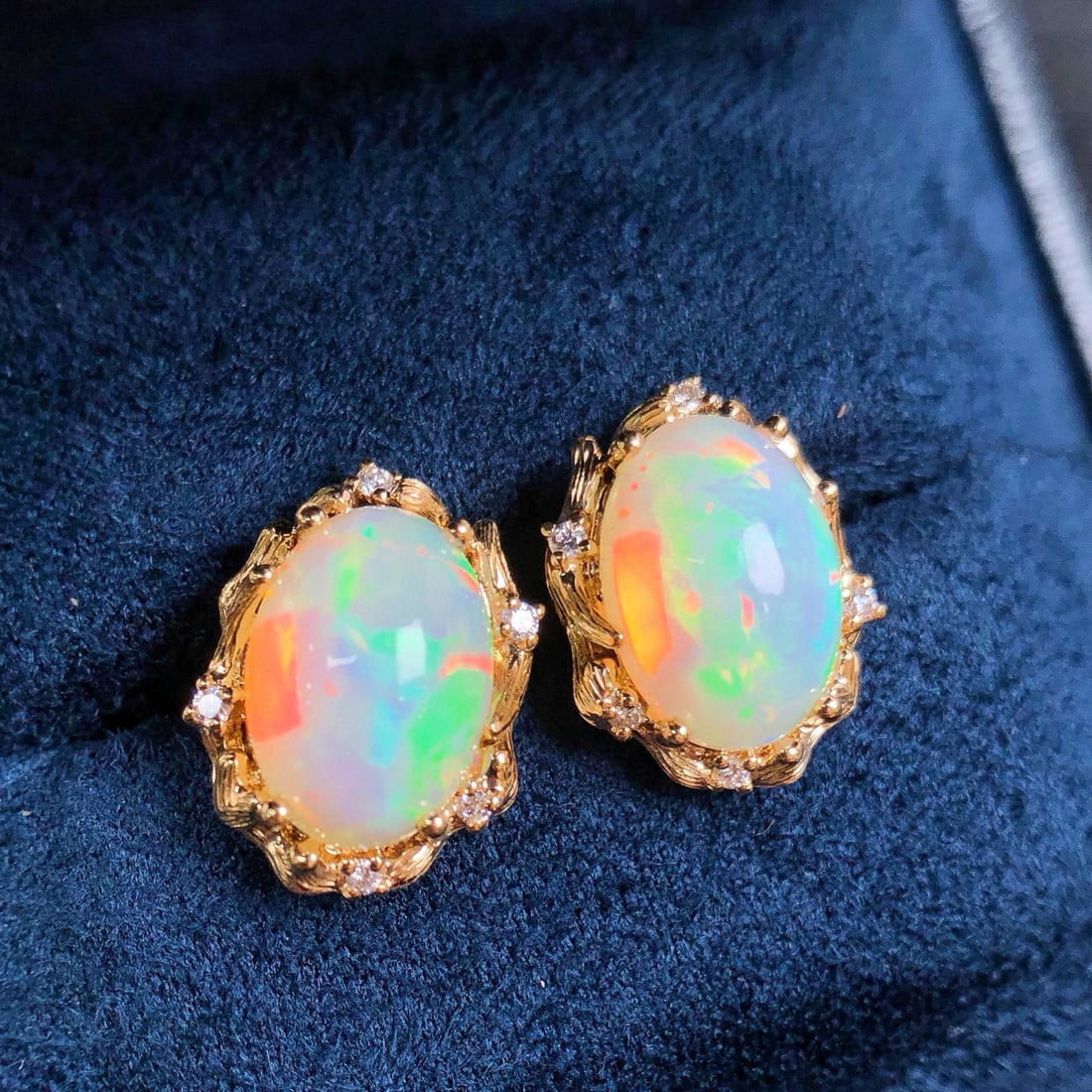 14k Gold 6.43 Ctw Natural Opal & Diamond Earrings - 2
