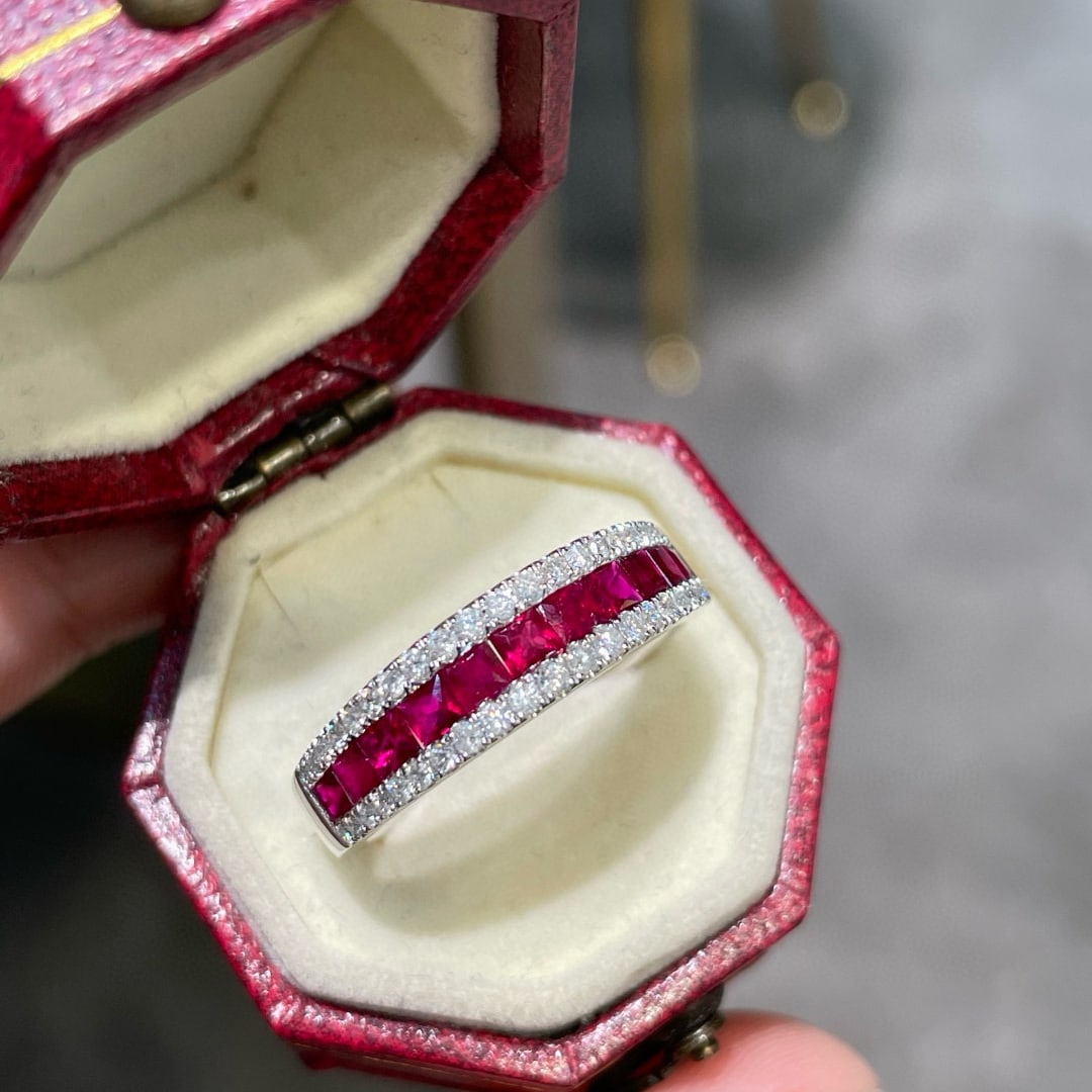 14k Gold 1 Ct Natural Ruby & Diamond Ring: Ref:231078315 // gold content:14k gold // ring size:7. 25us // // main gemstone:ruby // shape:princess // carat weight:1ct // color:red // treatment:natural // // adjacent gemstone 2 : diamond //