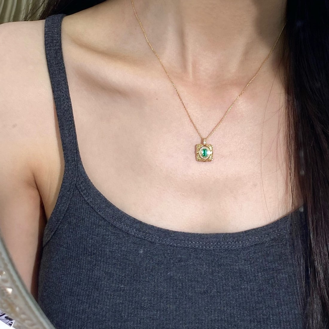 14k Gold 0.47 Ctw Vivid Green Natural Emerald & Diamond Pendant( Without Chain ) - 5