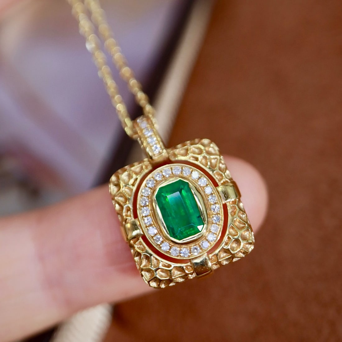 14k Gold 0.47 Ctw Vivid Green Natural Emerald & Diamond Pendant( Without Chain ) - 6