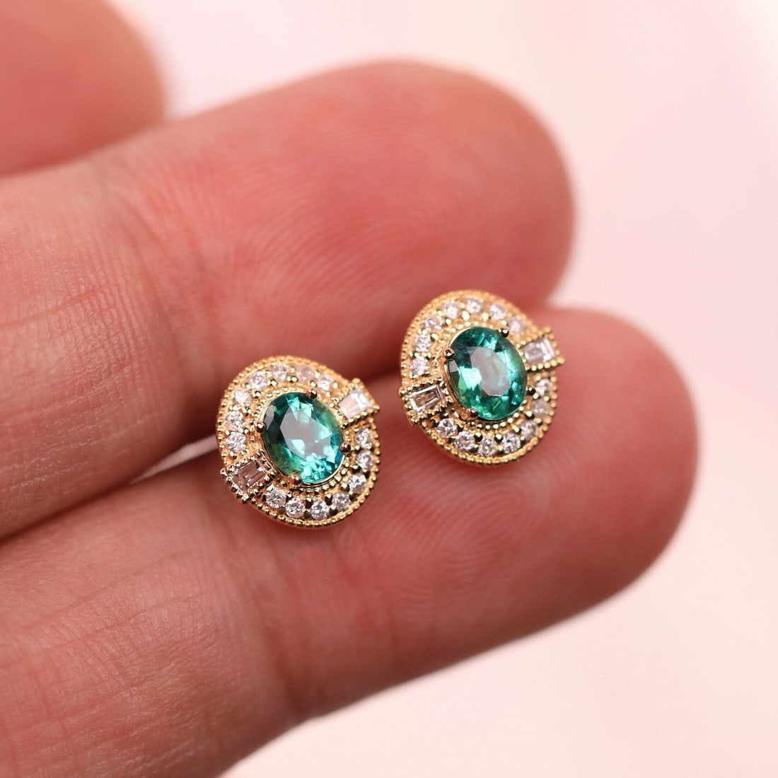 14k Gold 0.69 Ct Natural Emerald & Diamond Earrings - 2