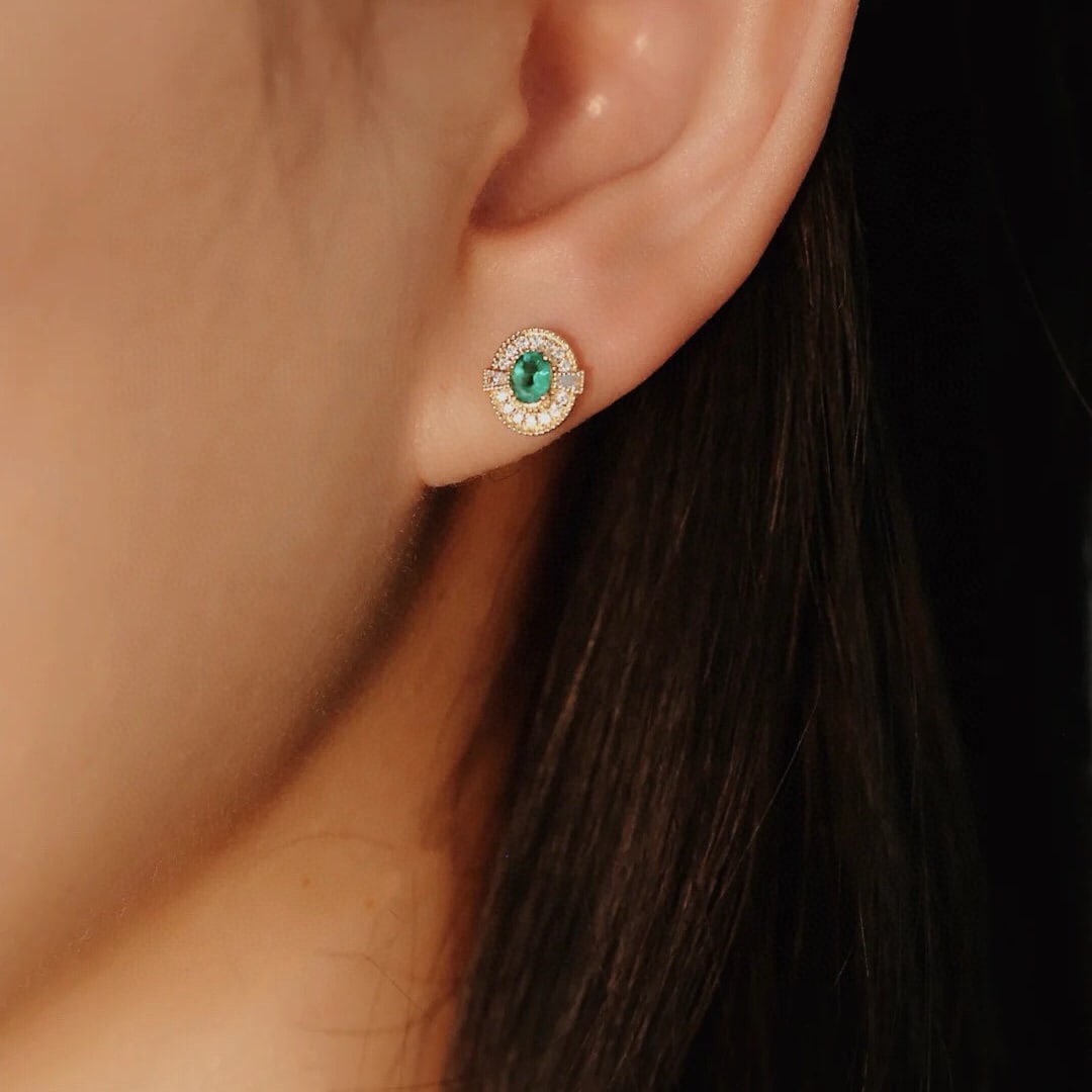 14k Gold 0.69 Ct Natural Emerald & Diamond Earrings - 3