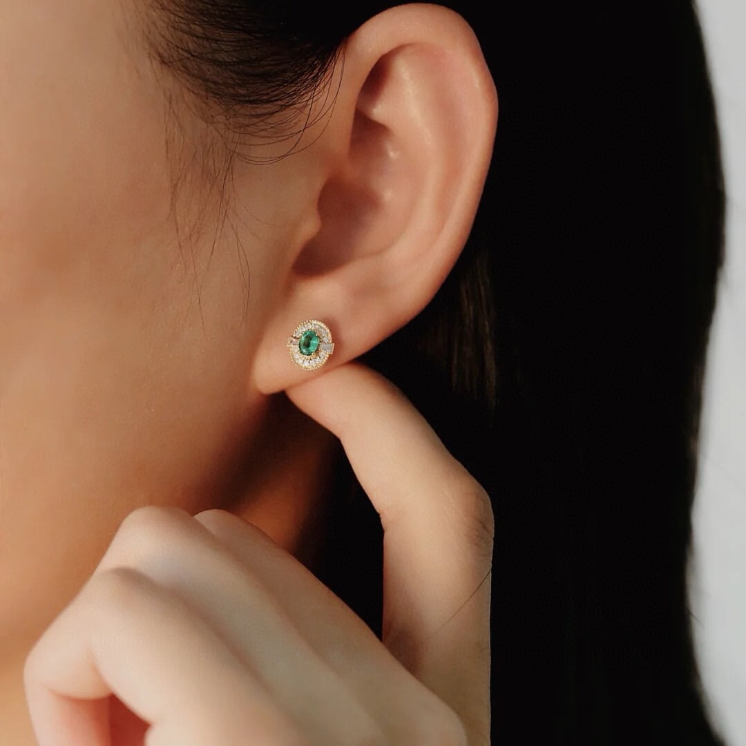 14k Gold 0.69 Ct Natural Emerald & Diamond Earrings - 6