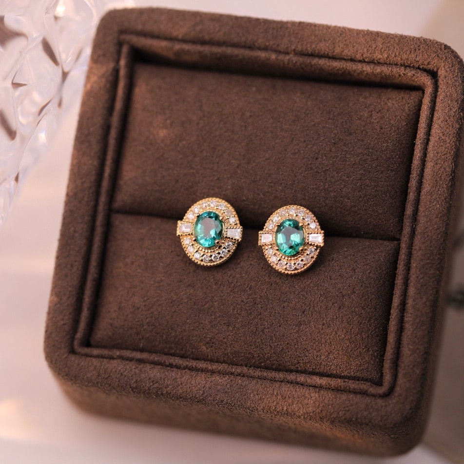 14k Gold 0.69 Ct Natural Emerald & Diamond Earrings - 7