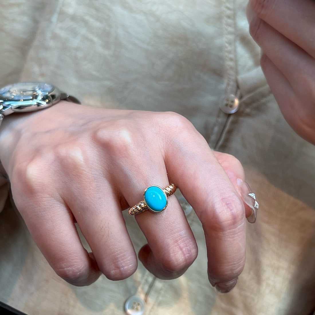 14k Gold 1.62 Ct Natural Turquoise Ring - 4