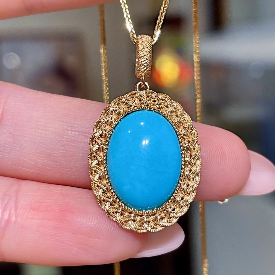 14k Gold 5.51 Ct Natural Turquoise Pendant( Without Chain ): Ref:231078351 // gold content:14k gold // main gemstone:turquoise // shape:oval // carat weight:5. 51ct // color:blue // treatment:natural // Condition: New Low Estimate: 4200.00 High Estimate:
