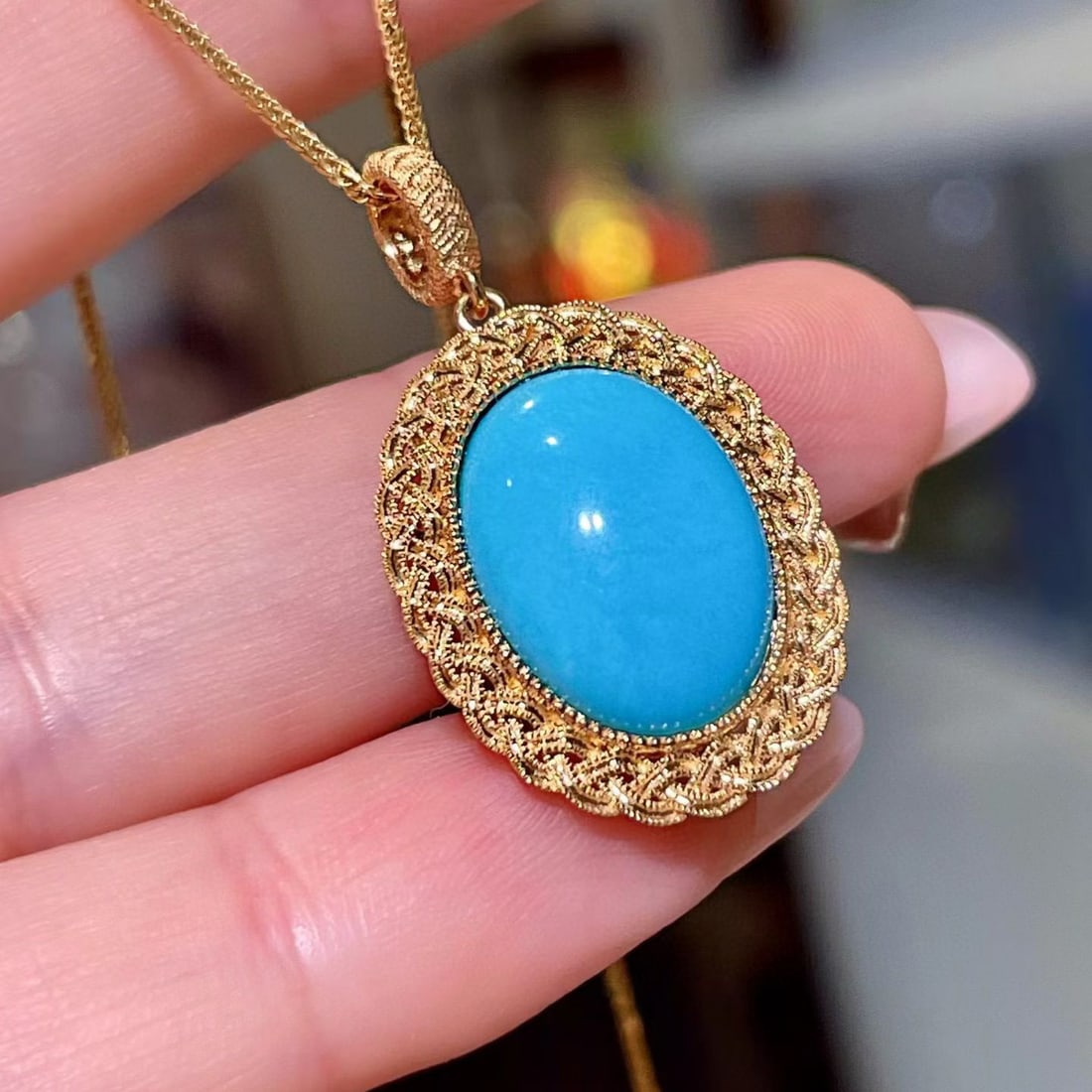 14k Gold 5.51 Ct Natural Turquoise Pendant( Without Chain ) - 2