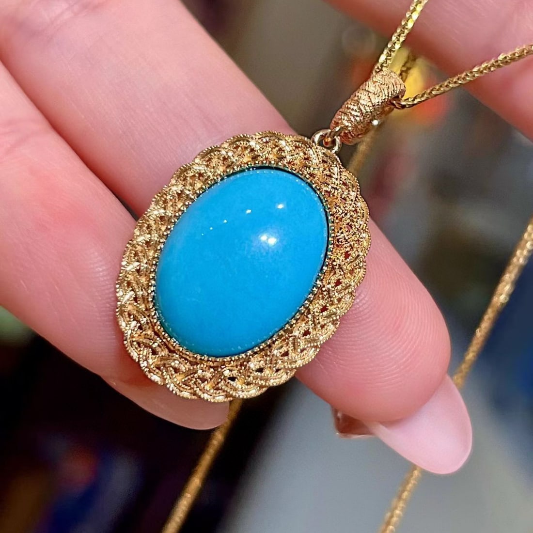 14k Gold 5.51 Ct Natural Turquoise Pendant( Without Chain ) - 3
