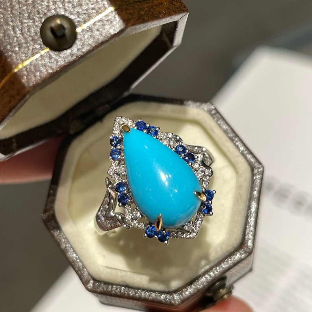 14k Gold 3.5 Ct Natural Turquoise & Diamond & Sapphire Ring/pendant( Without Chain ): Ref:231078372 // gold content:14k gold // ring size:7. 25us // // main gemstone:turquoise // shape:pear // carat weight:3. 5ct // color:blue // treatment:natural // // adjacent gemstone 2 : diamond