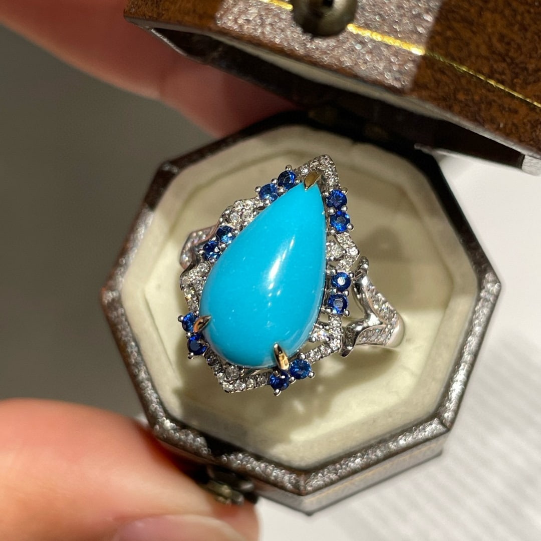 14k Gold 3.5 Ct Natural Turquoise & Diamond & Sapphire Ring/pendant( Without Chain ) - 2