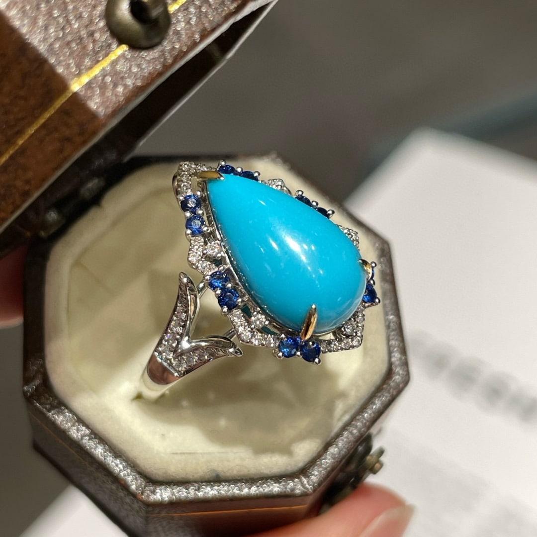 14k Gold 3.5 Ct Natural Turquoise & Diamond & Sapphire Ring/pendant( Without Chain ) - 3