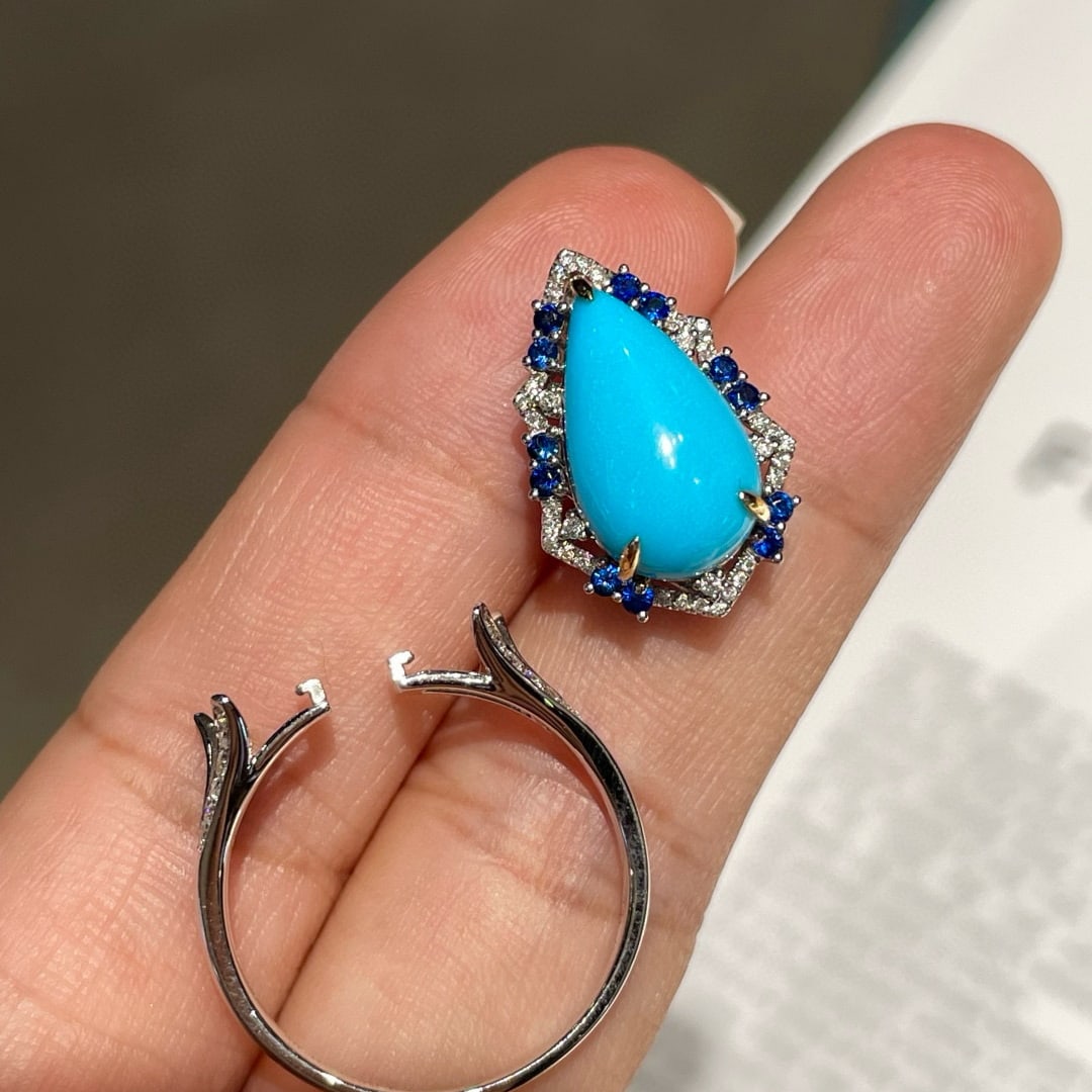 14k Gold 3.5 Ct Natural Turquoise & Diamond & Sapphire Ring/pendant( Without Chain ) - 4