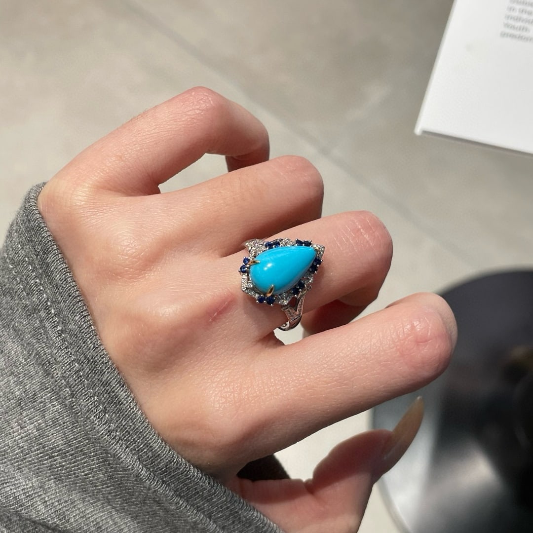 14k Gold 3.5 Ct Natural Turquoise & Diamond & Sapphire Ring/pendant( Without Chain ) - 5