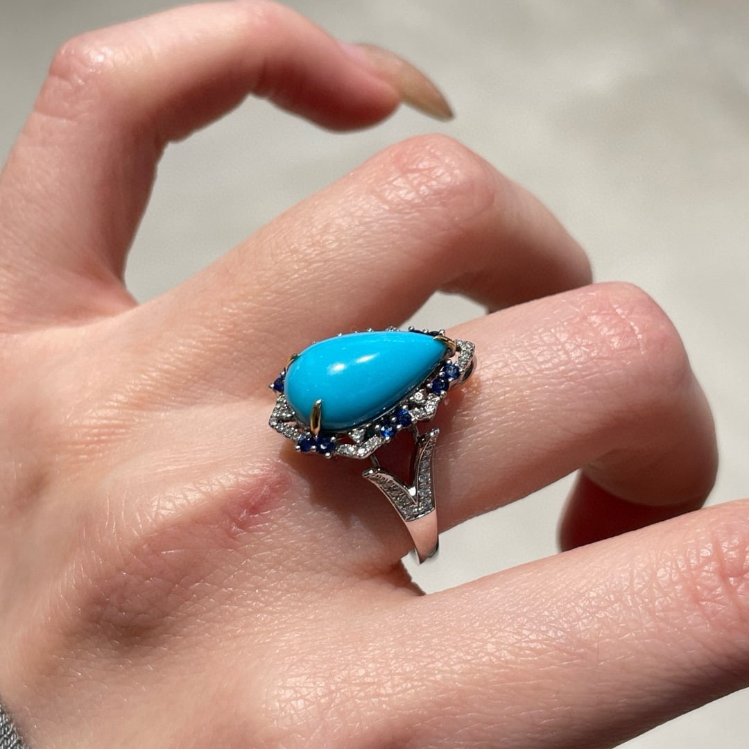 14k Gold 3.5 Ct Natural Turquoise & Diamond & Sapphire Ring/pendant( Without Chain ) - 6