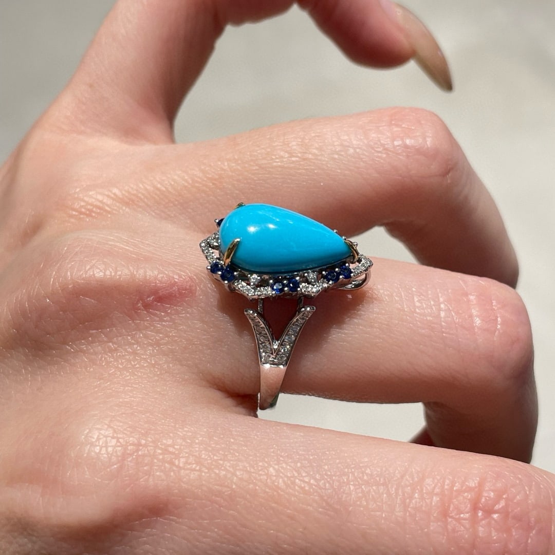 14k Gold 3.5 Ct Natural Turquoise & Diamond & Sapphire Ring/pendant( Without Chain ) - 7