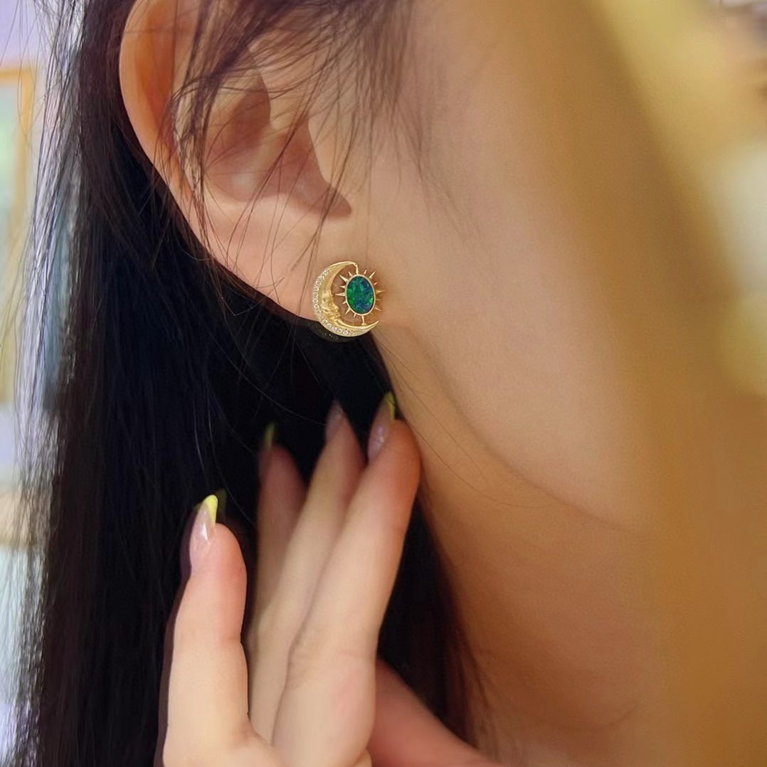 14k Gold 0.98 Ctw Natural Opal & Diamond Earrings - 2