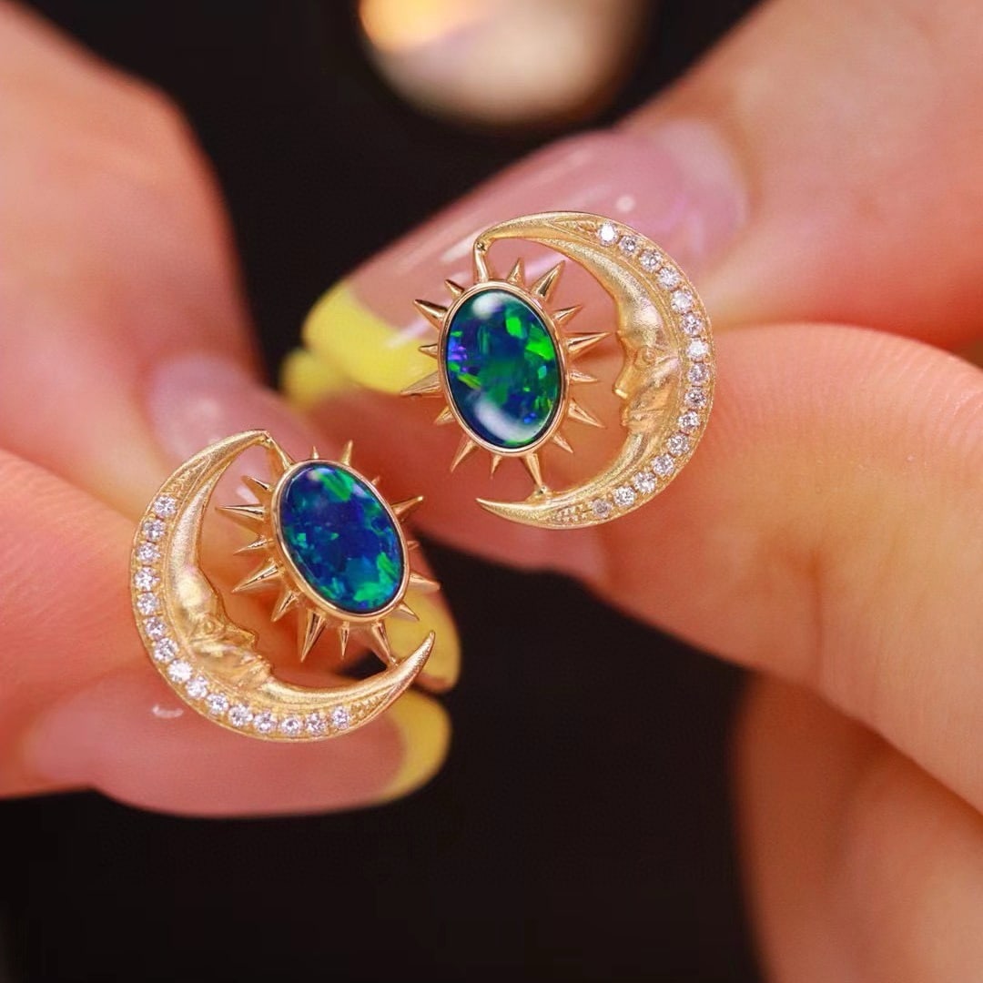 14k Gold 0.98 Ctw Natural Opal & Diamond Earrings - 3