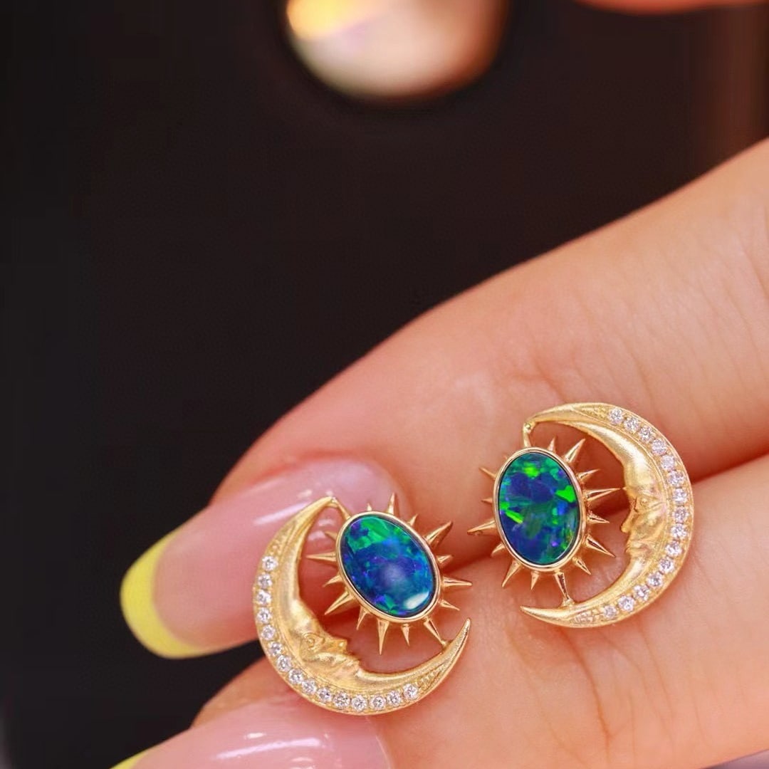 14k Gold 0.98 Ctw Natural Opal & Diamond Earrings - 4