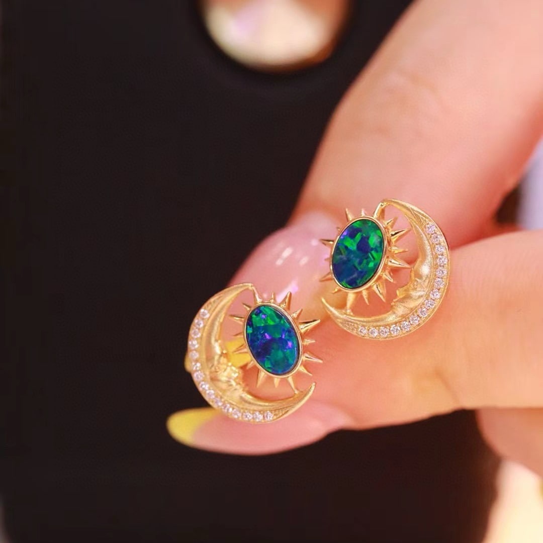 14k Gold 0.98 Ctw Natural Opal & Diamond Earrings - 5