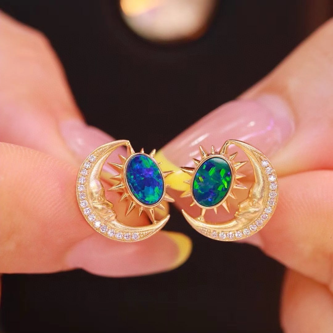 14k Gold 0.98 Ctw Natural Opal & Diamond Earrings - 6