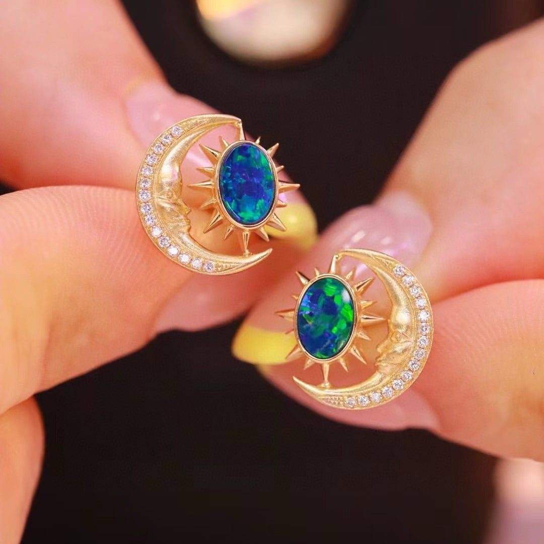 14k Gold 0.98 Ctw Natural Opal & Diamond Earrings - 7