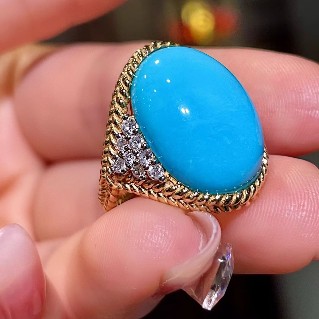 14k Gold 10.54 Ctw Natural Turquoise & Diamond Ring - 2