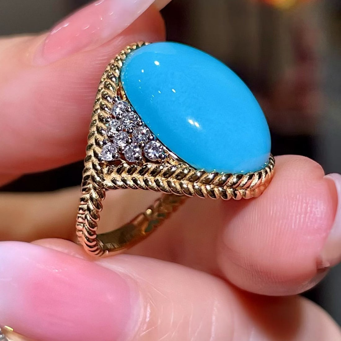 14k Gold 10.54 Ctw Natural Turquoise & Diamond Ring - 5