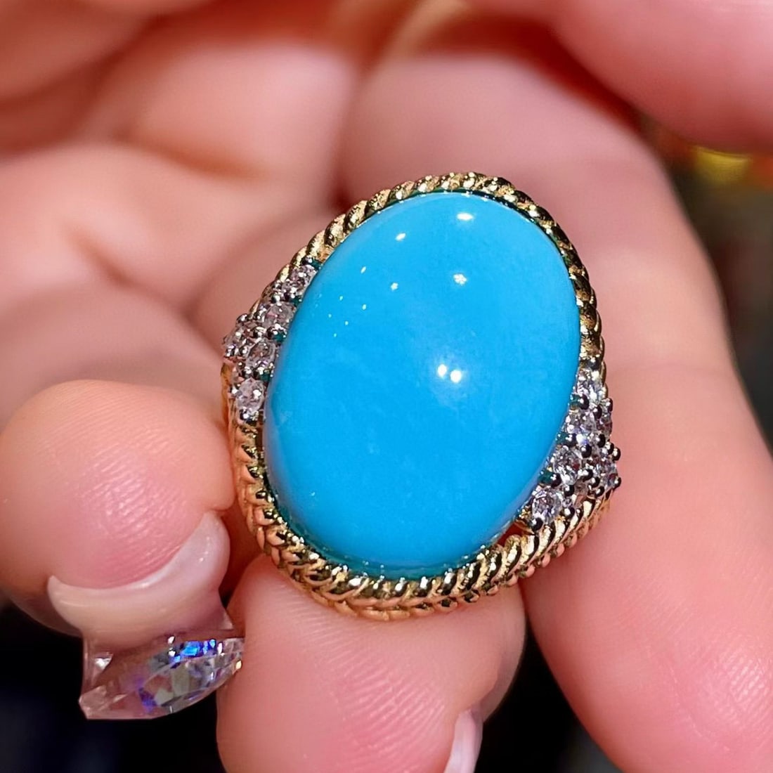 14k Gold 10.54 Ctw Natural Turquoise & Diamond Ring - 6