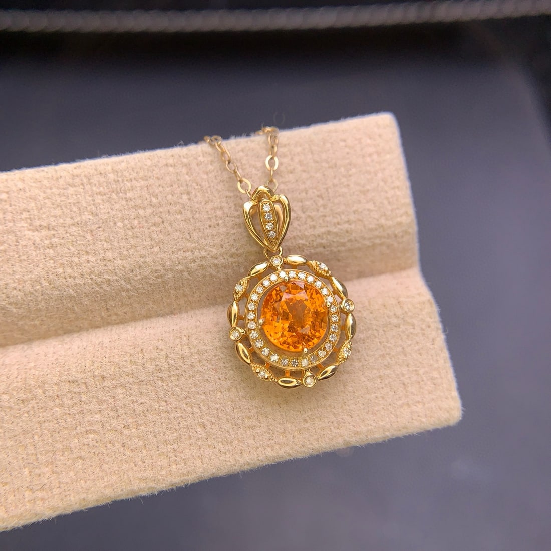 14k Gold 1.9 Ct Natural Spessartine & Diamond Pendant( Without Chain ) - 2