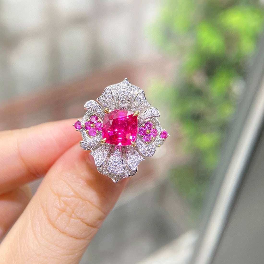 14k Gold 3.63 Ctw Vivid Pink Natural Spinel & Diamond Ring/pendant( Without Chain ): Ref:231078395 // gold content:14k gold // ring size:7. 25us // // main gemstone:spinel // shape:cushion // carat weight:2. 18ct // color:vivid pink // treatment:natural // // adjacent gemstone 2 :