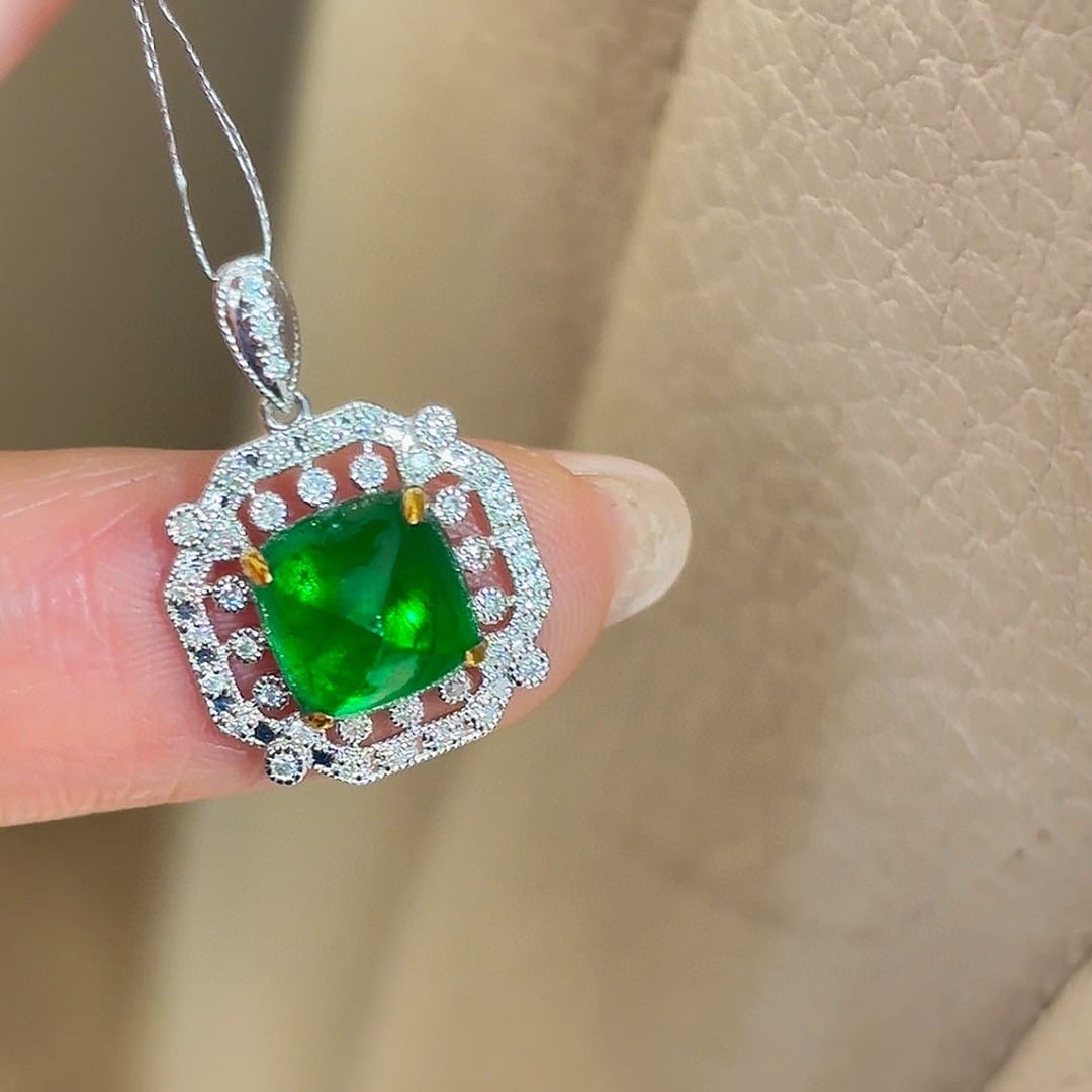 14k Gold 2.33 Ct Vivid Green Natural Emerald & Diamond Pendant( Without Chain ) - 2