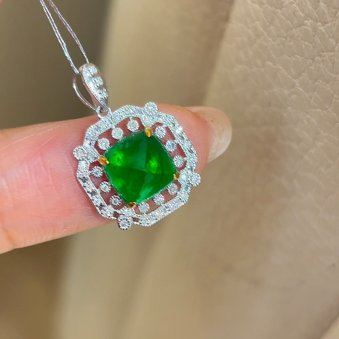 14k Gold 2.33 Ct Vivid Green Natural Emerald & Diamond Pendant( Without Chain ) - 3