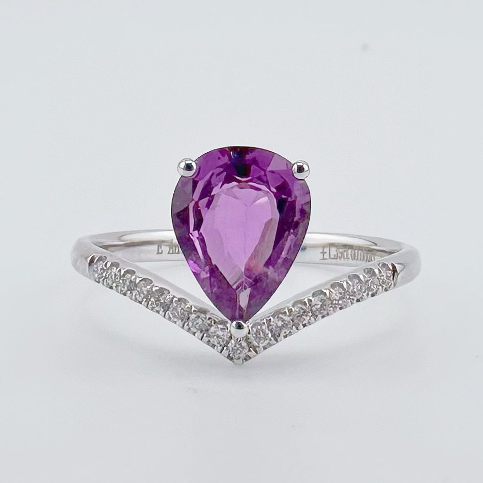 14k Gold 1.47 Ctw Natural Sapphire & Diamond Ring: Ref:231078435 // gold content:14k gold // ring size:7. 25us // // main gemstone:sapphire // shape:pear // carat weight:1. 39ct // color:purple // treatment:natural // // adjacent gemstone 2 : diamond