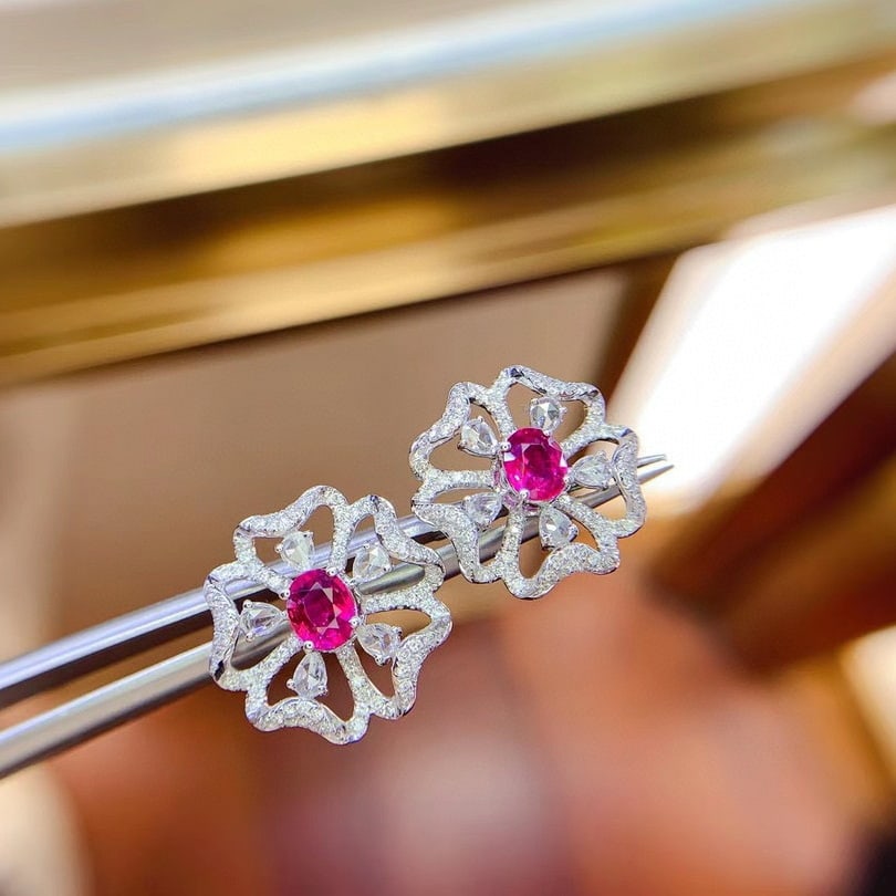14k Gold 1.85 Ctw Natural Ruby & Diamond Earrings - 5