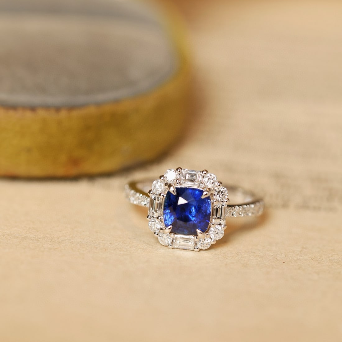 14k Gold 2.56 Ctw Natural Sapphire & Diamond Ring: Ref:231078449 // gold content:14k gold // ring size:7. 25us // // main gemstone:sapphire // shape:cushion // carat weight:1. 75ct // color:royal blue // treatment:natural // // adjacent gemstone 2 :