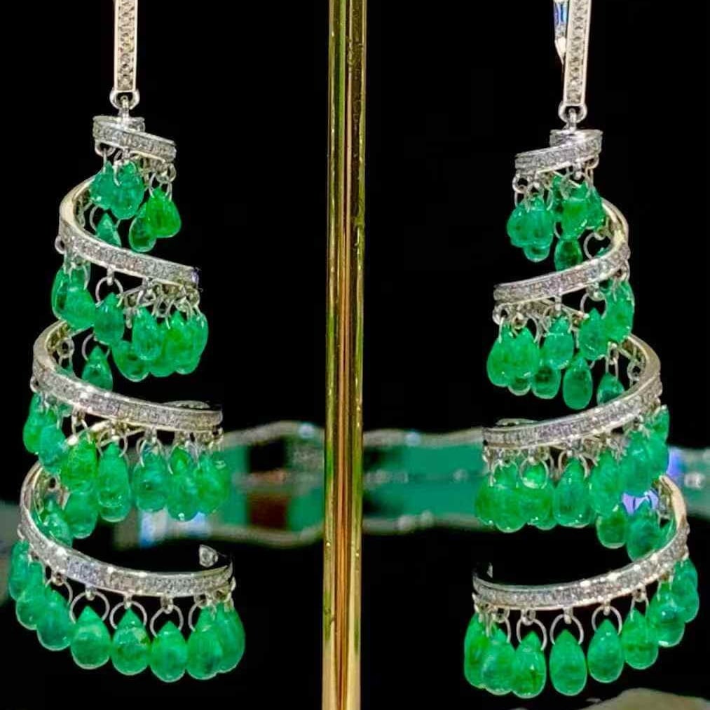 14k Gold 18.8 Ct Natural Emerald & Diamond Earrings - 2