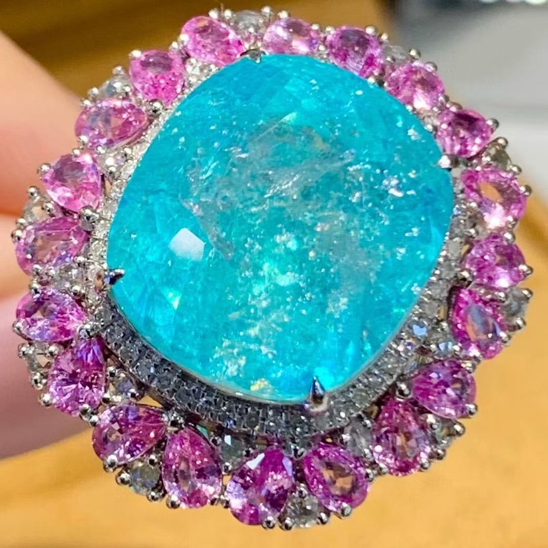 14k Gold 14.3 Ct Natural Paraiba Tourmaline & Sapphire & Diamond Ring - 3